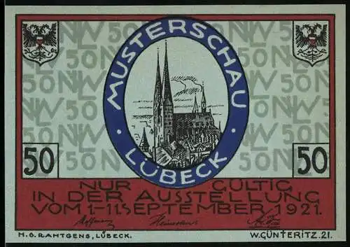 Notgeld Lübeck, 1921, 50 Pfennig, Musterschau und Nordische Woche, Wappen und Kirchenabbildung