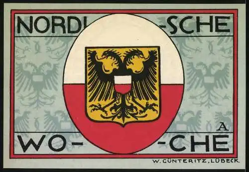 Notgeld Lübeck, 1921, 50 Pfennig, Musterschau und Nordische Woche, Wappen und Kirchenabbildung