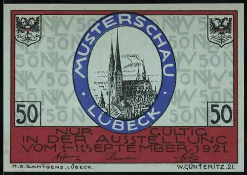 Notgeld Lübeck, 1921, 50 Pfennig, Musterschau Lübeck und Nordische Woche