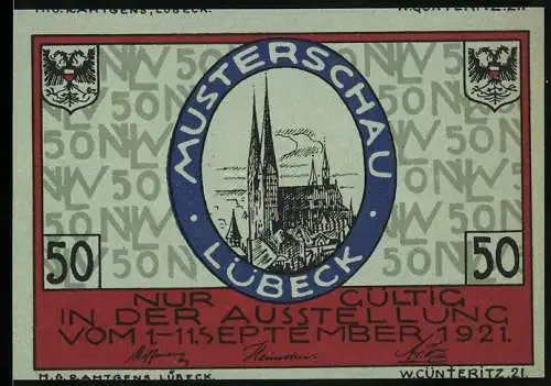 Notgeld Lübeck 1921, 50 Pfennig, Musterschau und Nordische Woche, mit Stadtbild und Wappen