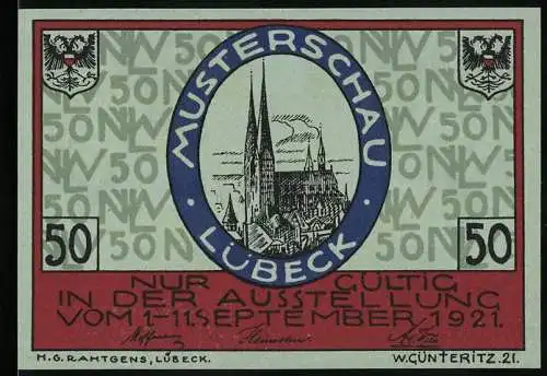 Notgeld Lübeck 1921, 50 Pfennig, Musterschau Lübeck mit Stadtansicht und Wappen der Norddeutschen Woche