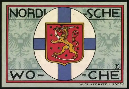 Notgeld Lübeck 1921, 50 Pfennig, Musterschau Lübeck mit Stadtansicht und Wappen der Norddeutschen Woche