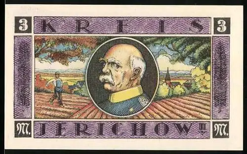 Notgeld Jerichow, 1921, 3 Mark, Porträt von Bismarck und Schloss Schönhausen