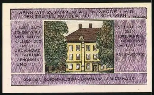 Notgeld Jerichow, 1921, 3 Mark, Porträt von Bismarck und Schloss Schönhausen