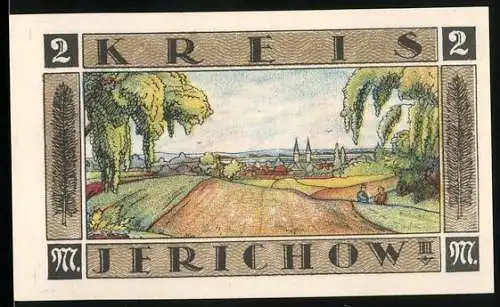 Notgeld Jerichow 1921, 2 Mark, Landschaft mit Kirche und Bismarck-Zitat