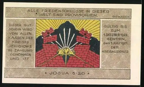 Notgeld Jerichow 1921, 2 Mark, Landschaft mit Kirche und Bismarck-Zitat