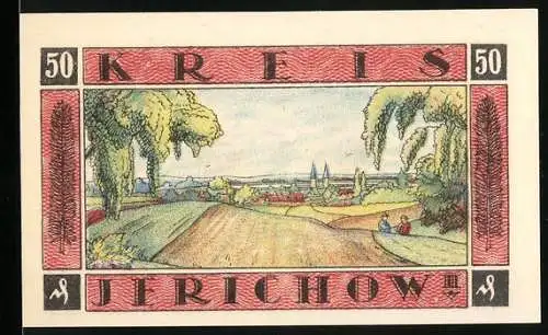 Notgeld Jerichow 1921, 50 Pfennig, Landschaft mit Feldern und Bäumen, Burgmotiv mit Zitat und Verfallsdatum