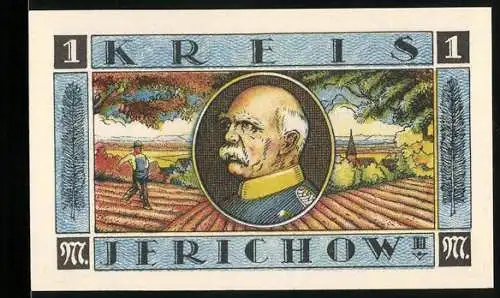 Notgeld Jerichow, 1921, 1 Mark, Bismarck-Porträt und Schloss Schönhausen, gültig bis 1922