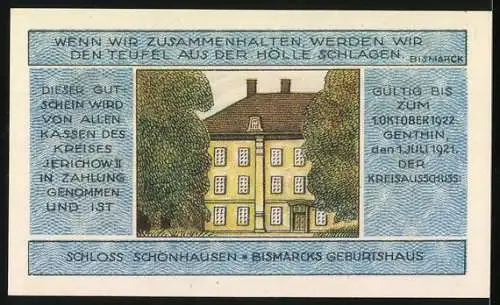 Notgeld Jerichow, 1921, 1 Mark, Bismarck-Porträt und Schloss Schönhausen, gültig bis 1922