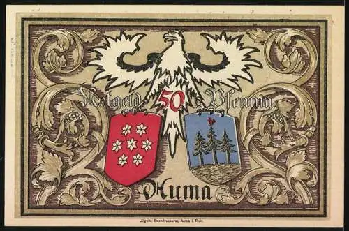 Notgeld Auma, 1921, 50 Pfennig, Stadtansicht mit Arbeiter und Läufer, Rückseite mit Wappen und Adler