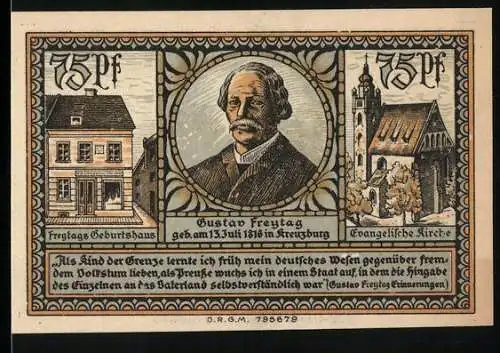 Notgeld Kreuzburg, 1921, 75 Pf, Gustav Freytag, Geburtshaus und evangelische Kirche, Stadtwappen mit Krone