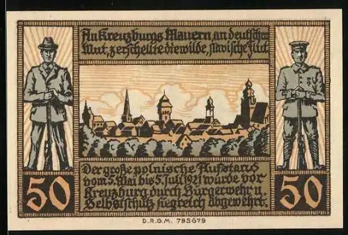 Notgeld Kreuzburg 1921, 50 Pfennig, Stadtansicht mit Soldaten und Wappen, Gültigkeitshinweis