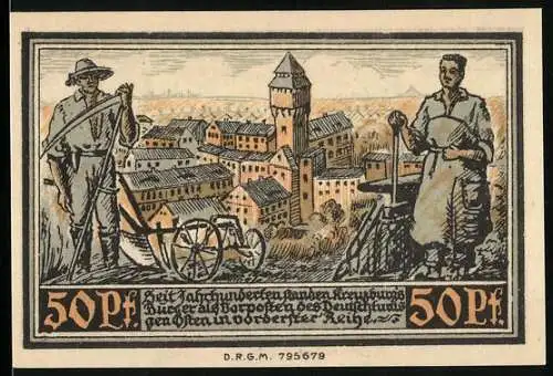 Notgeld Kreuzburg, 1921, 50 Pf, Stadtansicht mit Arbeitern und Siegel