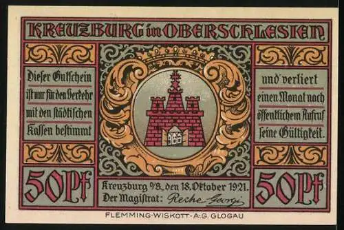 Notgeld Kreuzburg, 1921, 50 Pf, Stadtansicht mit Arbeitern und Siegel