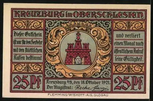 Notgeld Kreuzburg 1921, 25 Pf, Volksabstimmung mit Glocken und Stadtwappen, bedruckt von Flemming-Wiskott A.G. Glogau