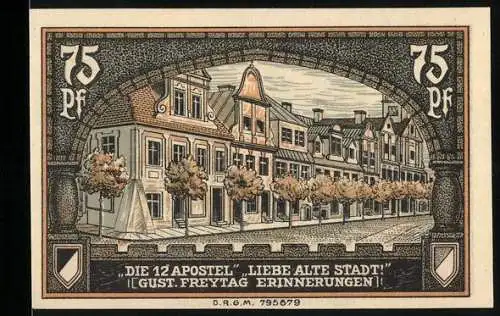 Notgeld Kreuzburg, 1921, 75 Pf, Stadtansicht Die 12 Apostel und Stadtwappen mit Burgmotiv