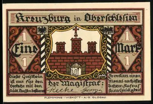 Notgeld Kreuzburg in Oberschlesien, 1 Mark, Vorderseite Stadtmauer mit Tor, Rückseite Porträt von Gustav Freytag