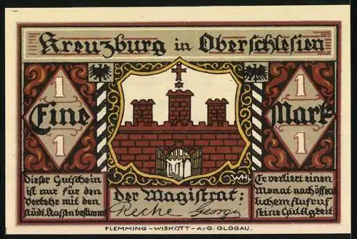 Notgeld Kreuzburg in Oberschlesien, 1 Mark, Stadtansicht und Stadtwappen, 12 Apostel, Gustav Freytag Erinnerungen