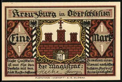 Notgeld Kreuzburg in Oberschlesien, 1 Mark, rote Burg mit drei Türmen, historische Szene mit deutschen Rittern