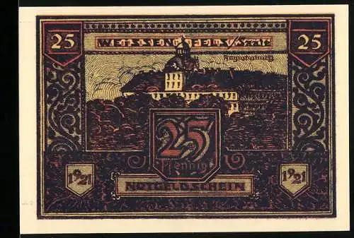 Notgeld Weissenfels / Saale 1921, 25 Pfennig, Burg und Wappen mit Industrie-Motiv