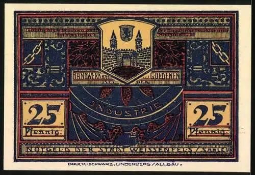 Notgeld Weissenfels / Saale 1921, 25 Pfennig, Burg und Wappen mit Industrie-Motiv