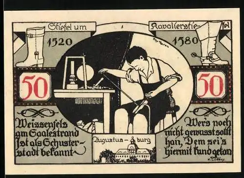 Notgeld Weissenfels / Saale 1921, 50 Pfennig, Darstellung eines Schuhmachers und Stadtwappen