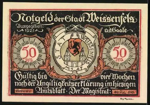 Notgeld Weissenfels / Saale 1921, 50 Pfennig, Darstellung eines Schuhmachers und Stadtwappen