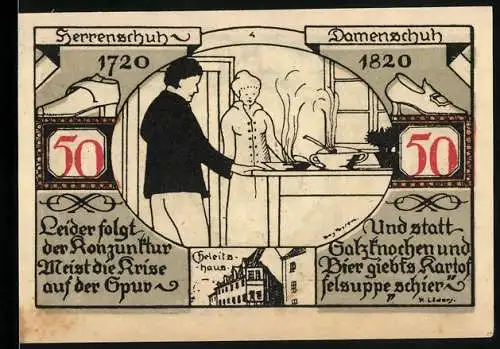 Notgeld Weissenfels / Saale 1921, 50 Pfennig, Herrenschuh und Damenschuh 1720-1820, Kochende Suppe Szene