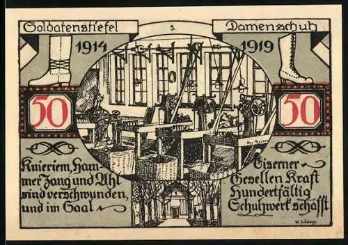 Notgeld Weissenfels / Saale 1921, 50 Pfg, Soldatenstiefel und Damenschuh, Wappen