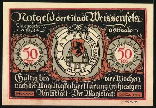 Notgeld Weissenfels / Saale 1921, 50 Pfg, Soldatenstiefel und Damenschuh, Wappen