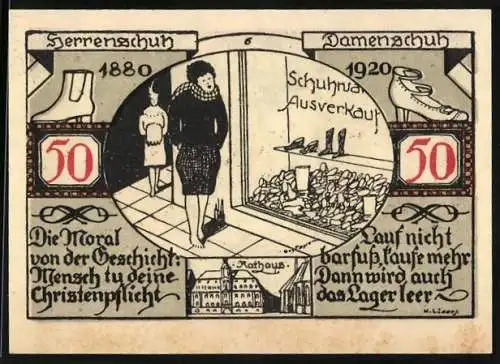 Notgeld Weissenfels / Saale 1921, 50 Pfennig, Herrenschuh und Damenschuh, Schuhhaus Ausverkauf