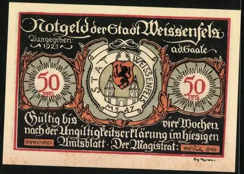 Notgeld Weissenfels / Saale 1921, 50 Pfennig, Herrenschuh und Damenschuh, Schuhhaus Ausverkauf