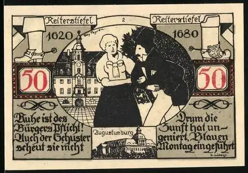 Notgeld Weissenfels / Saale 1921, 50 Pfennig, Reiterstiefel 1620-1680, gültig vier Wochen nach Ungültigkeitserklärung
