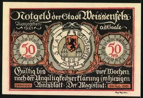 Notgeld Weissenfels / Saale 1921, 50 Pfennig, Reiterstiefel 1620-1680, gültig vier Wochen nach Ungültigkeitserklärung