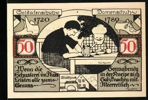 Notgeld Weissenfels / Saale 1921, 50 Pfennig, Soldaten- und Damenschuhe und Stadtwappenillustrationen