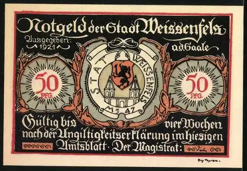 Notgeld Weissenfels / Saale 1921, 50 Pfennig, Soldaten- und Damenschuhe und Stadtwappenillustrationen