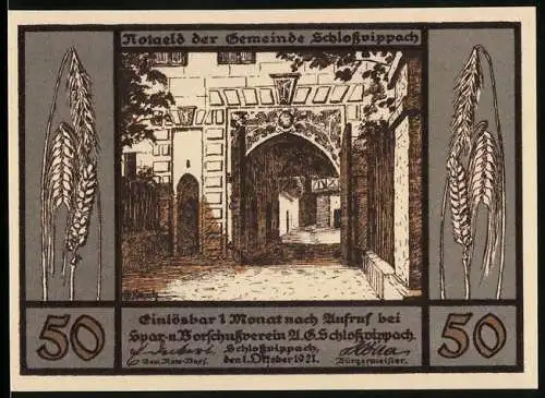 Notgeld Schlossvippach, 1921, 50 Pfennig, Torbogen und Weizenähren, textreiche Rückseite