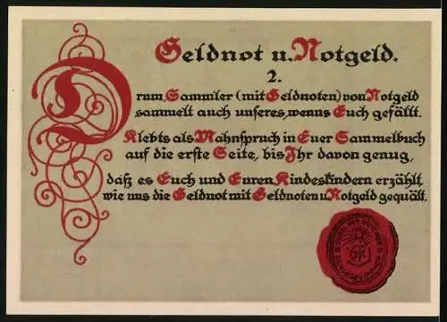 Notgeld Schlossvippach, 1921, 50 Pfennig, Torbogen und Weizenähren, textreiche Rückseite