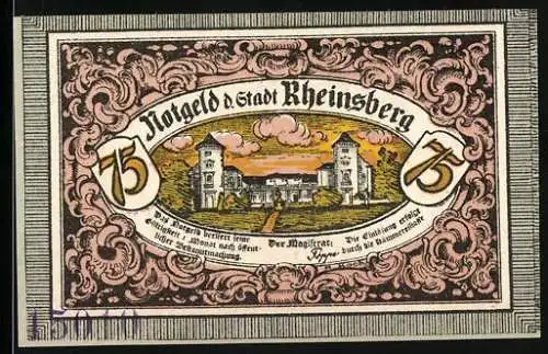 Notgeld Rheinsberg, 75 Pfennig, Stadtansicht mit Türmen und Obelisk, dekorative Ornamente und Putten