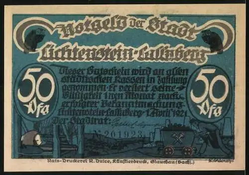 Notgeld Lichtenstein-Callnberg 1921, 50 Pfennig, Bergbau und Fabrik-Szene, Geistersage von Lichtenstein