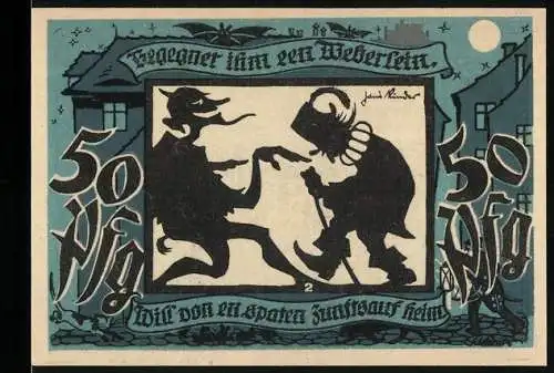 Notgeld Lichtenstein-Callnberg 1921, 50 Pfennig, Silhouetten von Figuren auf der Vorderseite, Industrie-Szene