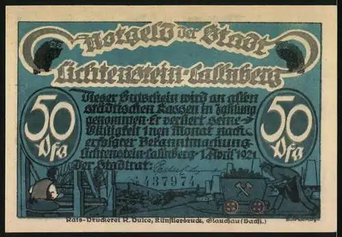 Notgeld Lichtenstein-Callnberg 1921, 50 Pfennig, Silhouetten von Figuren auf der Vorderseite, Industrie-Szene