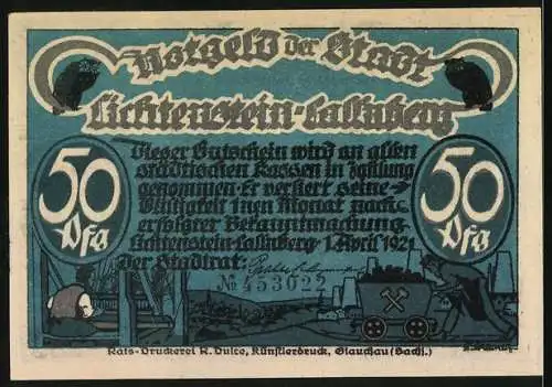 Notgeld Lichtenstein-Callnberg 1921, 50 Pfennig, Darstellung von Teufel und Mann, Stadtszene mit Bergbau