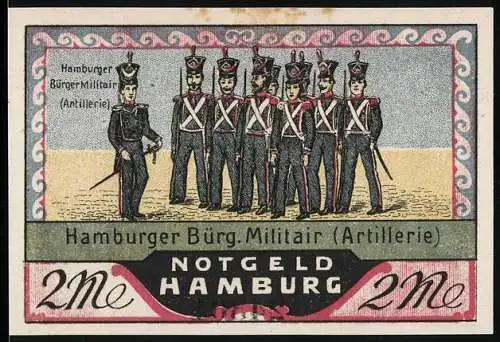 Notgeld Hamburg, 1921, 2 Mark, Hamburger Bürg. Militair (Artillerie) und Rathausansicht