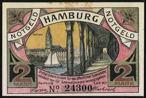 Notgeld Hamburg, 1921, 2 Mark, Hamburger Bürg. Militair (Artillerie) und Rathausansicht