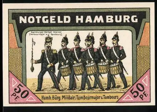 Notgeld Hamburg 1921, 50 Pf., Hamburger Bürger Militär und Stadtansicht mit Lombardsbrücke und Alster