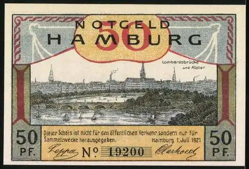 Notgeld Hamburg 1921, 50 Pf., Hamburger Bürger Militär und Stadtansicht mit Lombardsbrücke und Alster