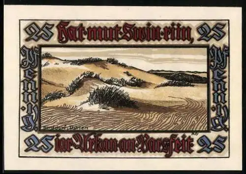 Notgeld Norddorf 1921, 25 Pfennig, Darstellung von Dünen und Wappen