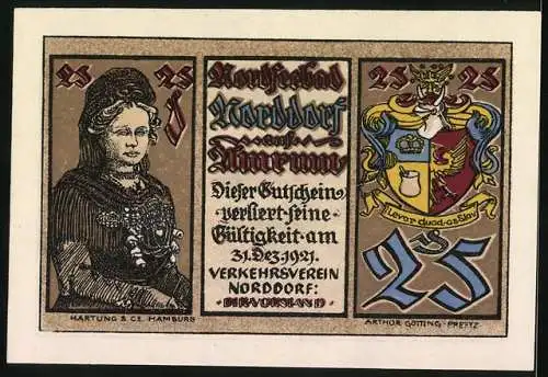 Notgeld Norddorf 1921, 25 Pfennig, Darstellung von Dünen und Wappen