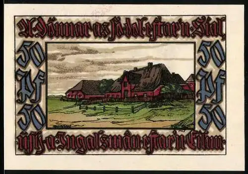 Notgeld Norddorf, 1921, 50 Pf, Abbildung eines Reetdachhauses und einer Frau mit Wappen auf der Rückseite